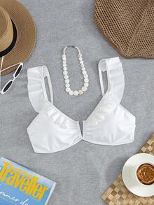 Swim Basics 新款歐美女款性感時尚極簡純色荷葉邊抓皺深V露背綁帶上衣 - 白色 - 查看 5