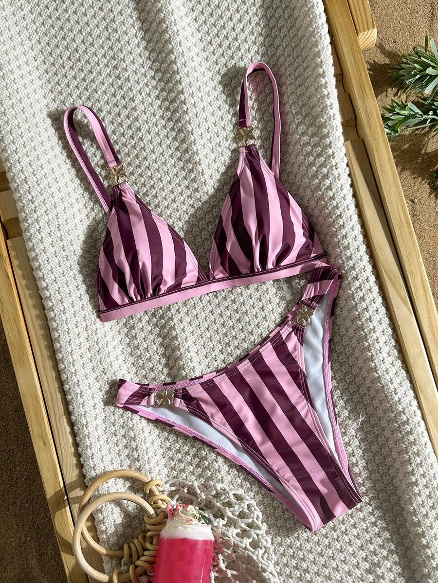 Swim Vcay 2026春夏粉色條紋粗肩帶後背可調式側高衩比基尼三角泳褲女款甜美泳衣兩件套 - 粉色 - 查看 1