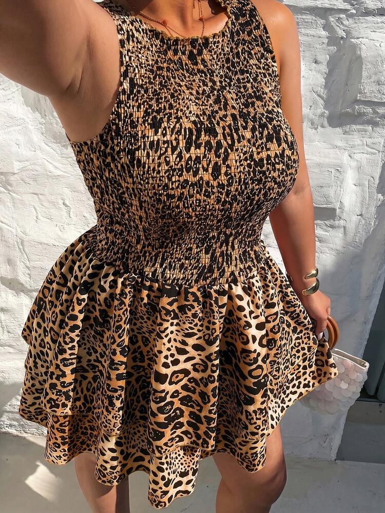 Sunnyshic French White Polka Dot Sleeveless Dress, Summer Women's Waist-Cinching Slimming Elegant Double-Layer Ruffle Casual Versatile Daily Short Dress, Suitable For Spring/Summer, Suitable For Vacation - Brown - View 3
