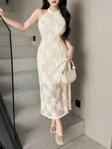 Feyla Women's Summer Elegant Solid Color Jacquard Halter Neck Midi Dress - Apricot - View 5