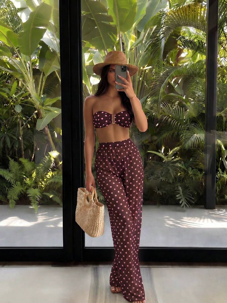 Costavie Vacation Beach Polka Dot Print 3 PiecesSeparates Swimsuit - Multicolor - View 1