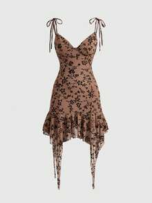 ROMWE Đầm midi nữ phong cách hippie western màu nâu đen, họa tiết hoa nhung, dây quai mảnh, dáng ôm, gấu váy bất đối xứng - màu nâu - Xem 1