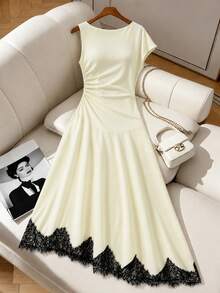 Rometta Damen-Strickkleid in großen Größen für den Sommer, neu, mit weitem Ausschnitt, asymmetrischen kurzen Ärmeln, geraffter Taille, figurschmeichelndem Design, elegant, modisch, sexy und sanft, mit weitem Oberteil, schmalem Saum und Spitzenbesatz, lang, geeignet für Alltag, Lässig, Dates und Treffen - Aprikosenfarben - Übersicht 11