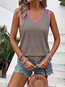 EMERY ROSE Women's V-Neck Striped Colorblock Casual Versatile Daily Outing Top - Multicolor - View 3