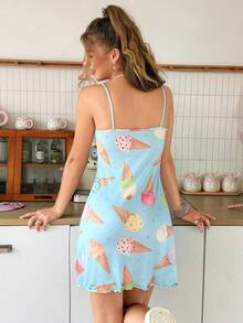 SweetSlumber Sweet Cute INS Colorful Ice Cream Polka Dot Print Lace Trim Spliced Fitted Mini Women's Nightgown - Multicolor - View 2