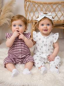 Newborn Simple Elegant Pink & Brown Striped And White Butterfly Print Sweet Cute Ruffle Trim Long Sleeve Casual Comfortable Romper Jumpsuit 2-Piece Set - Pink - View 1