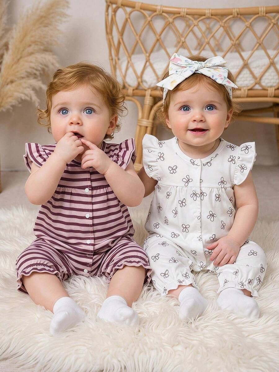 Newborn Simple Elegant Pink & Brown Striped And White Butterfly Print Sweet Cute Ruffle Trim Long Sleeve Casual Comfortable Romper Jumpsuit 2-Piece Set - Pink - View 1