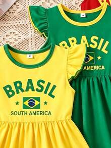 女童3件組洋裝 黃綠紅藍配色 BRASIL 印花 巴西國旗 荷葉袖圓領配色A字洋裝 適合外出 夏季 - 彩色 - 查看 5