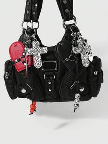ROMWE Kawaii 1 Gantungan Kunci/Liontin Tas DIY Gaya Y2K Hottie Dark Wind Kulit Hitam dengan Paku Keling dan Tali Kepang, Cocok untuk Pemakaian Sehari-hari oleh Pasangan dan Pacar - MultiWarna - View 5
