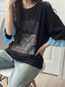 FRIFUL Women's Casual Loose Fit Letter Print Lace Patchwork Short Sleeve T-Shirt, Breathable Cotton Blend, Versatile For Spring/Summer Graphic Tee - Black - View 5