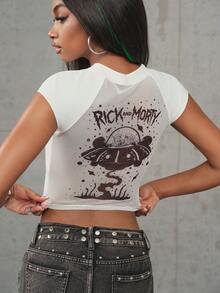 Rick and Morty X SHEIN 女款字母印花休閒百搭日常T恤 - 白色 - 查看 1