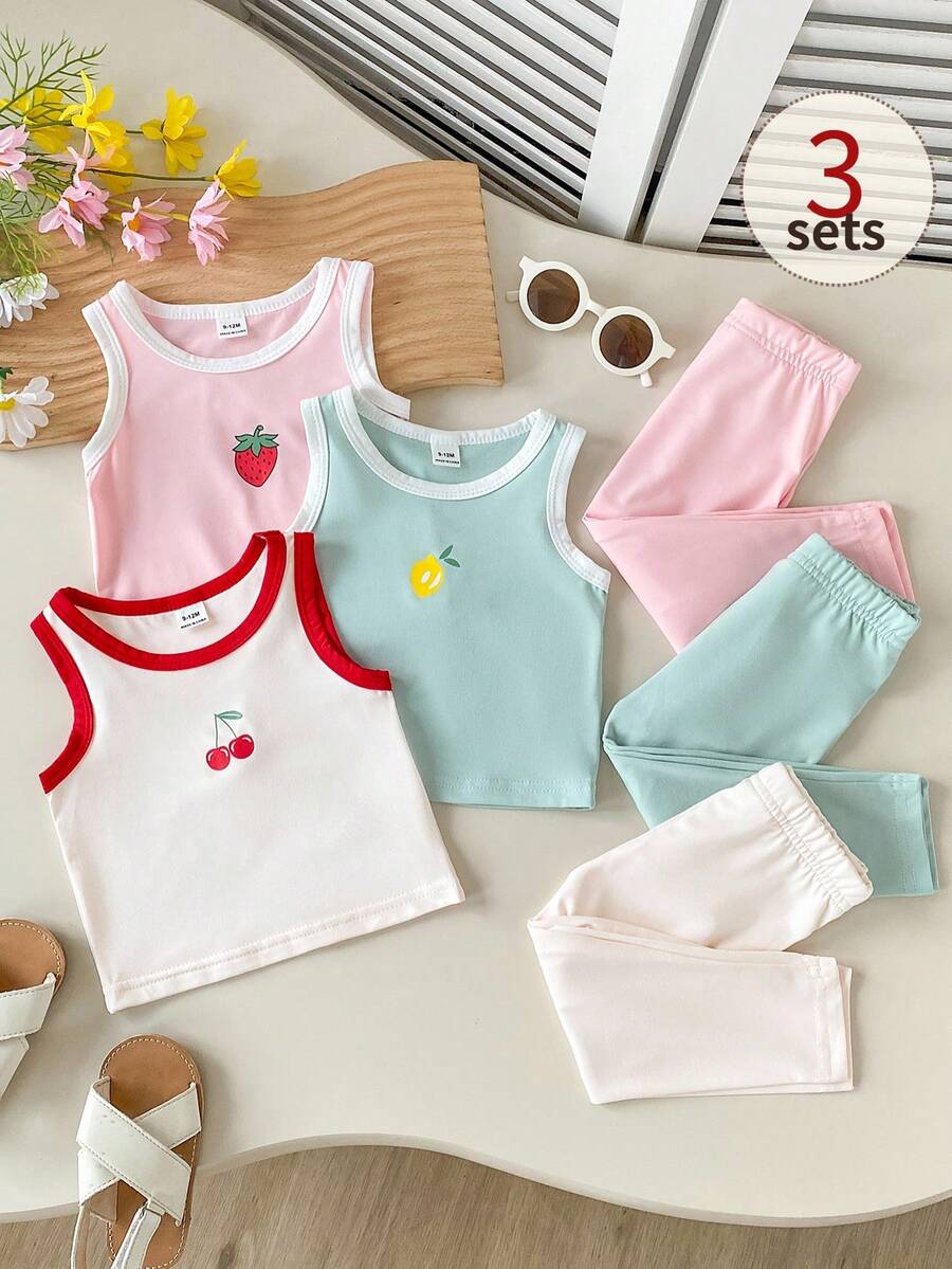 SHEIN Playful Pals 6件組女嬰純色對比水果印花櫻桃檸檬草莓可愛圓領無袖背心上衣 & 長褲修身套裝,彈性柔軟面料,清新甜美可愛休閒風,適合夏季日常外出、上學、購物、旅行、度假、公園、遊樂園、運動、跑步等多種場合 - 彩色 - 查看 1