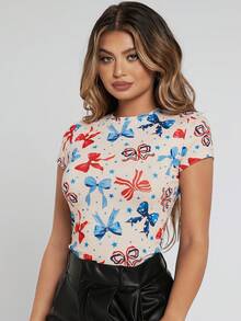 SHEIN SXY 粉色夏季迷彩印花緊身短袖女款休閒T恤 - 粉色 - 查看 5