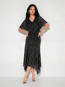 Barévion Women's Dress Slim A-Line Shimmer Leopard Jacquard V-Neck Cape Asymmetric Hem Pleated Elegant Mature Vintage Banquet Black And White Leopard Print - Silver - View 4