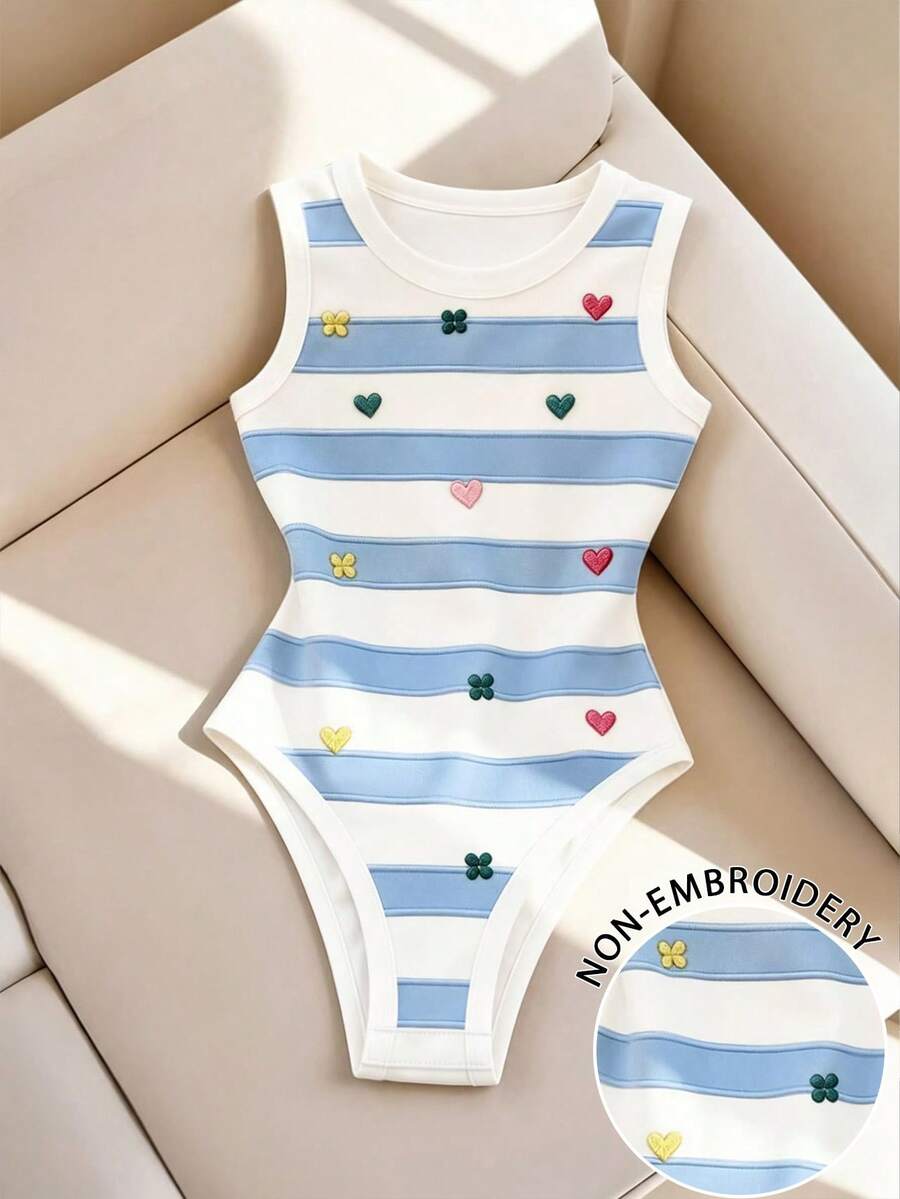 Resyla Striped Contrast Color Embroidered Heart Women's Round Neck Digital Print Bodysuit - Multicolor - View 1