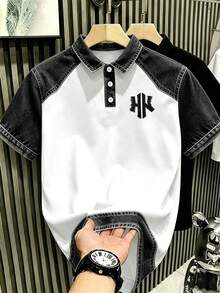 Manfinity Hypemode 美式復古仿丹寧磨損拼接NY字母印花 Polo 衫，成熟休閒上衣，男女款圖案 T-shirt，適合日常通勤與夏季休閒穿著 - 彩色 - 查看 4