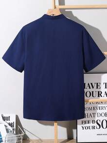 SHEIN 青少年男童素色單排扣短袖紋理休閒襯衫，百搭舒適簡約時尚，適合日常穿著、上學、戶外、海邊度假，夏季海軍藍襯衫海軍藍鈕扣短袖襯衫男童短袖襯衫 - 寶藍色 - 查看 2