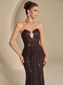 Coutiva Women's Elegant Sequin Pleated Mermaid Formal Evening Gown,Heavily Embellished Strapless Bodycon Party Dress,Luxury High-End Wedding Graduation Dress - Brown - View 3