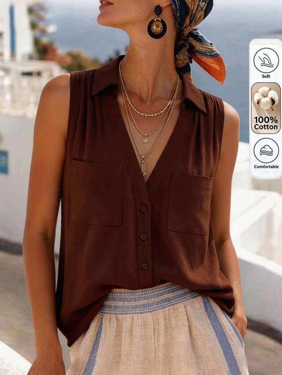 SHEIN Holidaya Women's Casual 100 Cotton V-Neck Sleeveless Blouse, Shades Of Brown, Summer, Boho, Holiday, Vacation, Top Elegant Party Wedding Guest Office - Brown - View 1