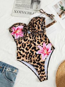Swim Lushoire Summer Beach Party Vacation Women's Leopard Print Ruffle Gathered One-Piece Black Breezy Sexy Tropical - Multicolor - View 5