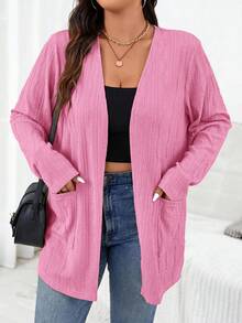 SHEIN Essnce Plus Size Women's Elegant Commuter Autumn Double Pocket Design Jacquard Long Sleeve Cardigan Fall - Hot Pink - View 6