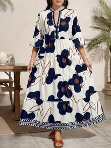 Comfylo Plus Size Floral Print Vacation Casual Boho Bohemian Dress Navy Blue Summer - Multicolor - View 6