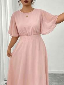 Modelyn Vestido de gasa elegante para mujer talla grande, cuello redondo, mangas acampanadas con volantes, ajustado y drapeado, primavera/verano - Rosa - Ver 5