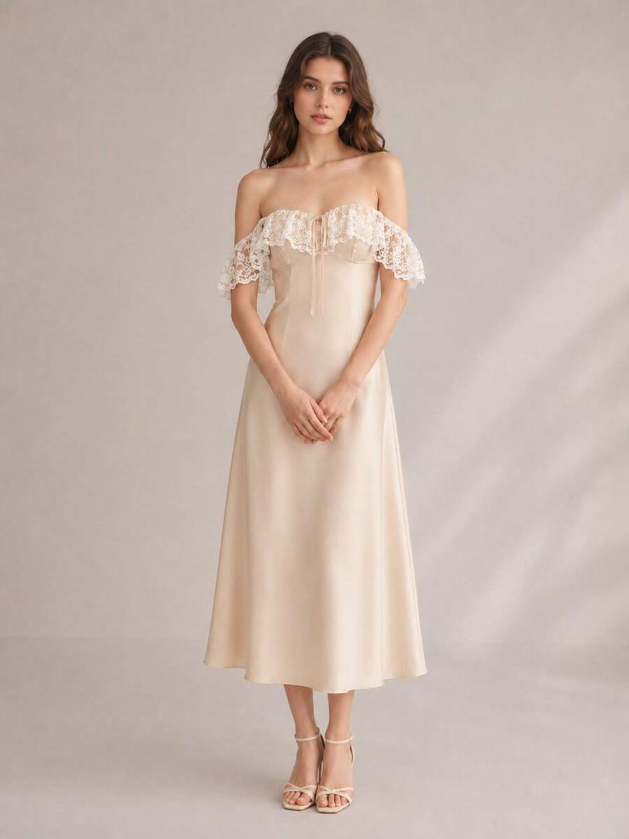 SHEIN Glamour 女款緞面蕾絲拼接洋裝,優雅長洋裝,適用於派對、舞會、婚禮及其他宴會場合 - 杏色 - 查看 1