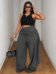 Maweii Plus Size Women's Solid Color Pleated Wide Leg Loose Casual Long Pants For Vacation Fall - Grey - View 6