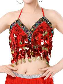 1PC Colorful Sequin Wrapped Belly Dance Costume, A Hanging Coin Stage Performance Dance Costume With Sequin Tassel Top - Multicolor - View 4