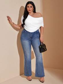 SHEIN BAE Bodysuit Bahu Asimetris Wanita Ukuran Plus Musim Semi/Panas, Bodysuit Liburan, Warna Plum - Putih - View 4