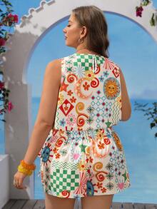 Vivid Eden Damen Große Größen Urlaub Schachbrett Blumenmuster Tanktop und asymmetrischer Saum Rock Lässig Süß Kawaii Set Weiß Sommer - Verschiedenfarbig - Übersicht 2