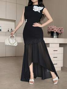 Feyla Women's Fashion Elegant Embroidered Patchwork Mermaid Asymmetrical Hem Skirt Party Black Summer - Black - View 5