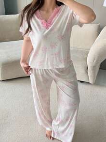 Dazy Plus Conjunto de pijama de mujer talla grande con patchwork de encaje de color contrastante y estampado floral pequeño para primavera/verano - Rosa - Ver 6