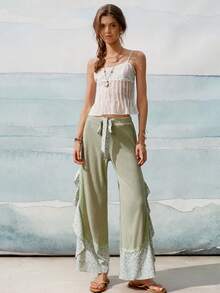 SoleilVie Women's Ditsy Floral Ruffle Hem Long Pants - Green - View 3