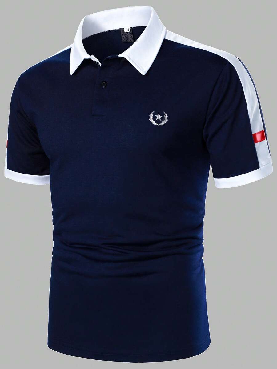 Manfinity Homme 男士時尚星星印花短袖 Polo 衫,儀式款 - 藏蓝色 - 查看 1