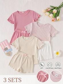 SHEIN 3套6件組女嬰可愛粉色/米色/白色羅紋條紋短袖T恤上衣短褲套裝，柔軟薄款夏季陽光沙灘玩樂時尚款 - 彩色 - 查看 11