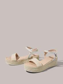Styleloop Apricot Wedge Heel Woven Rope Platform Open Toe Strap Casual Comfortable Vacation Travel Women's Wedge Thick Bottom Sandals, Bohemian Style, Western Style, Music Festival, Party, Vacation, Travel Vacation Outfits Travel Essentials Summer Shoes - Apricot - View 3