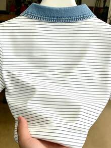 Resyla 大尺碼女款復古牛仔效果條紋翻領 Polo 衫，清新檸檬刺繡，修身休閒短袖上衣 - 彩色 - 查看 2