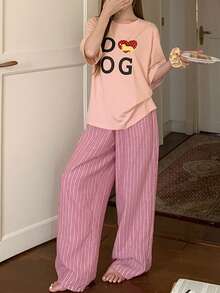 DAZY 2pcs/Set Women's Summer Pajama Set, Loose Short Sleeve T-Shirt With English Graphic Print & Striped Straight Leg Long Pants - Pink - View 10