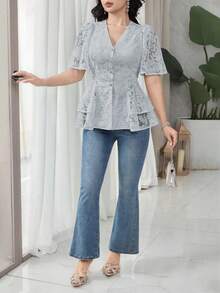 Feyla Women's Elegant Solid Color Lace Blouse, Summer - Blue - View 5