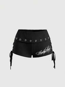 ROMWE Grunge Punk Summer Punk Metal Eyelet Slogan Print Fold-Over Waist Tie-Up Design Tight Super Low-Rise Mini Shorts - Black - View 1