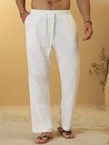 Palmeraft Plus Size Men's Drawstring Waist Solid Color Casual Versatile Daily Travel Pants, Holiday Vacation Holiday White Autumn - White - View 4