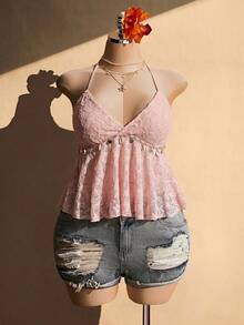 SHEIN ICON Plus Size Knit Halter Neck Shell Tassel Decor Babydoll Backless Tank Top - Pink - View 4
