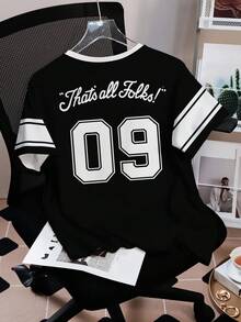 LOONEY TUNES X SHEIN Women's Casual Colorblock Cartoon Pattern Short Sleeve T-Shirt, Summer - White - View 2