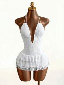 Zestiva Women's Lace Patchwork Solid Color Halter Backless Jumpsuit , Summer Outfits , Summer Tops , Summer Clothes, Wedding Guest Party Dress White - White - View 1