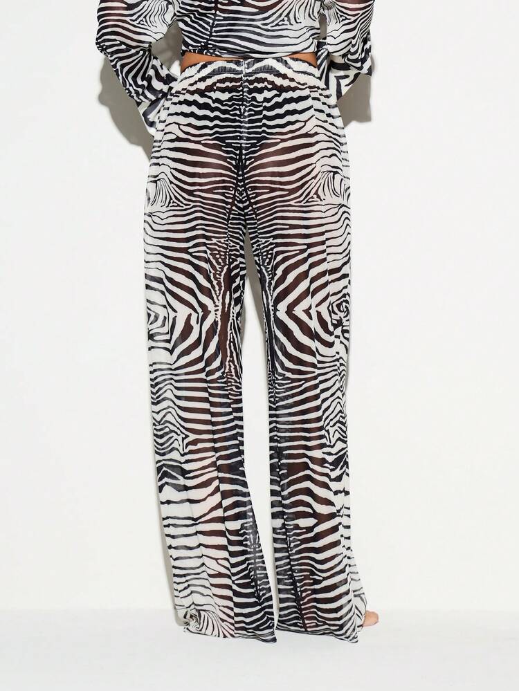 Sheer Wide Leg Trouser With Zebra Print