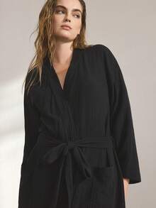 Ocili Leisure Soft Cotton Mesh Double-Layer Robe, Comfortable Sleepwear, Plus Size - Black - View 6