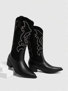 Daringsoles 女款尖頭撞色刺繡西部靴，套腳性感休閒騎乘靴 - 黑色 - 查看 2