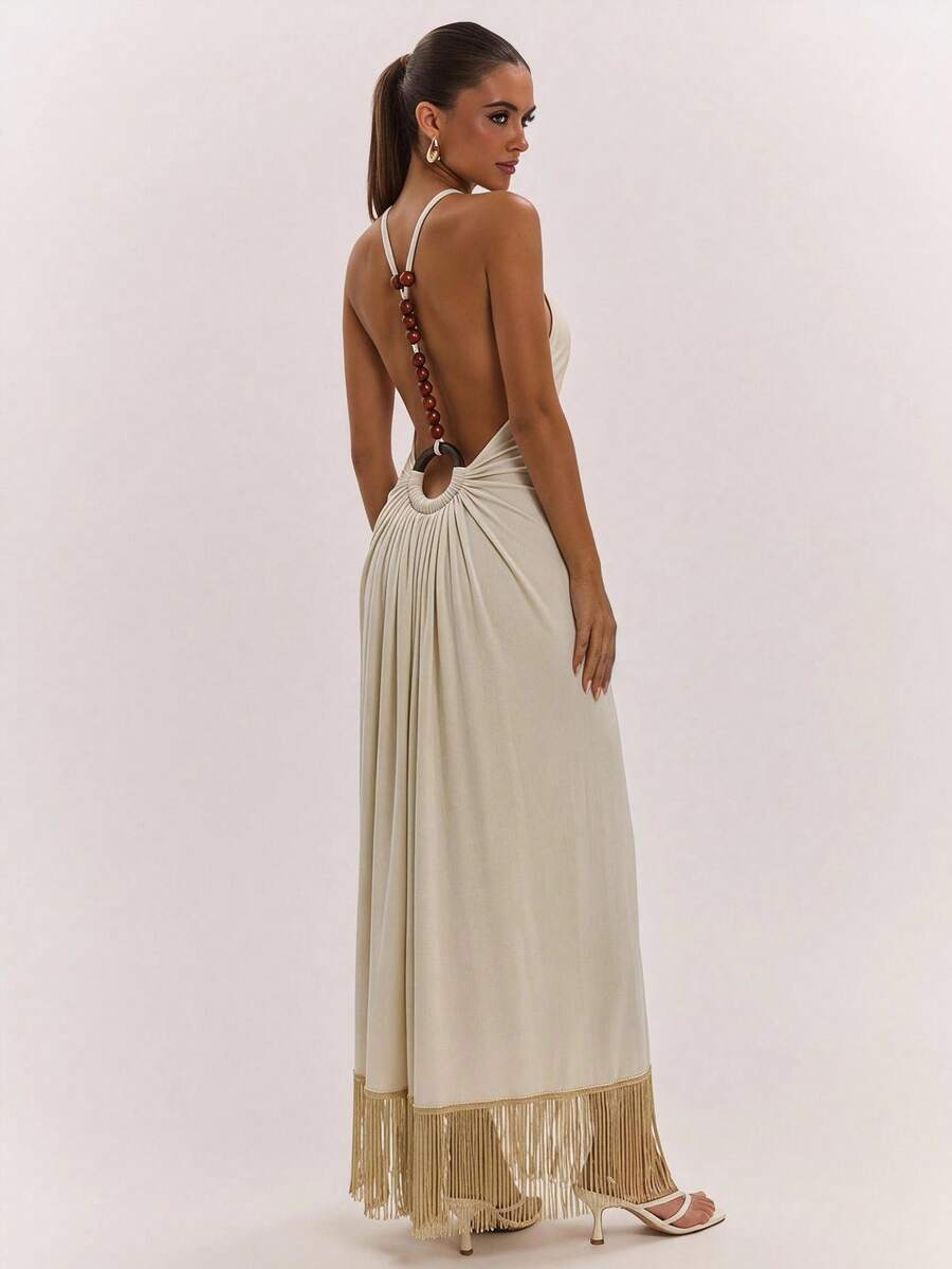 SHEIN BAE 春夏女款休閒性感度假掛脖露背裝飾珠飾米色露背流蘇下擺洋裝,海灘度假優雅針織波希米亞風 - 杏色 - 查看 1